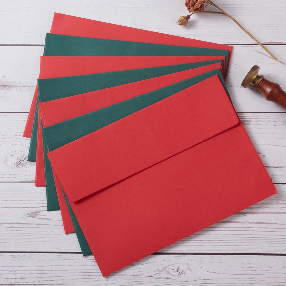 50 Pack 5 x 7 Envelopes Colored Self Seal for Wedding, Party Invitations, Greeting Cards, Announcements, Photos, 5.24 x 7.21 Inches (Christmas Green/Red)