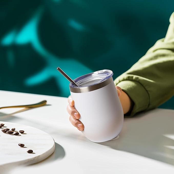 12 oz Insulated Wine Tumbler with Lid and Straw,Stainless Steel Stemless Wine Tumbler Glasses Double Wall Vacuum Wine Cups Tumbler Bulk for Coffee,Champaign,Cocktail (White,8)