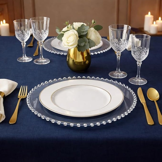 PLASTICPRO Clear Plastic Charger Plates with Beaded Edge – Pack of 4 – 13" Elegant Round Disposable Chargers for Weddings, Events, Parties, and Dinners