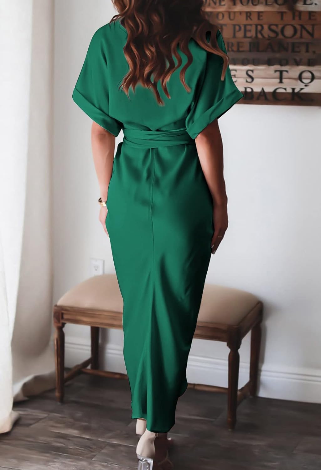 Women Elegant Satin Button Down Short Sleeve Maxi Shirt Dress with Belt