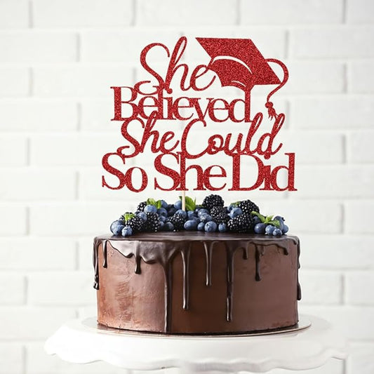 She Believed She Could So She Did Cake Topper,2025 Graduation Cake Topper,cake Decorations for Girls,2025 High School/College/University Graduation (red)