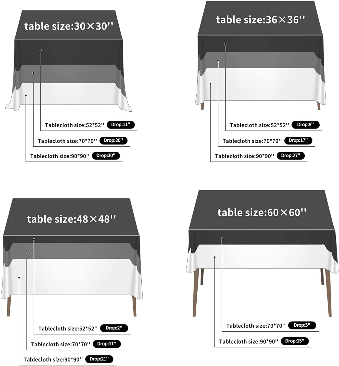 Fokitut 2 Pack Waterproof Square Tablecloth, 70x70 Inch, Stain Resistant and Wrinkle Polyester Table Cloth, Fabric Table Cover for Kitchen Dining, Wedding, Party, Holiday Dinner-Black