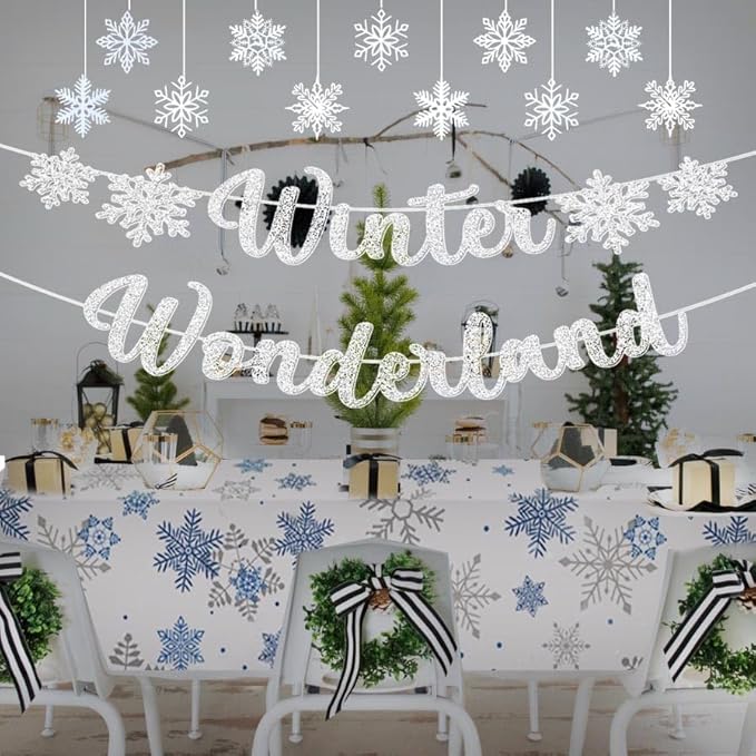 Winter Wonderland Decorations 20Pieces Plastic Snowflakes Hanging Ornaments, Winter Wonderland Banner,Snowflake Tablecloth for Home Bedroom Office White Christmas Winter Onederland Party Supplies