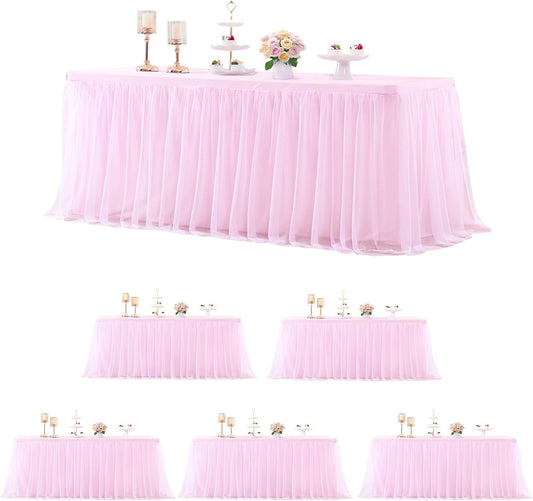 6 Pack 8ft Pink Tablecloths for Rectangle Tables, 8 Foot Pink Rectangular Table Cloth, Wrinkle Free Table Cover with Tutu Skirt for Baby Shower Girls Birthday Party Banquet Buffet Cake Decorations