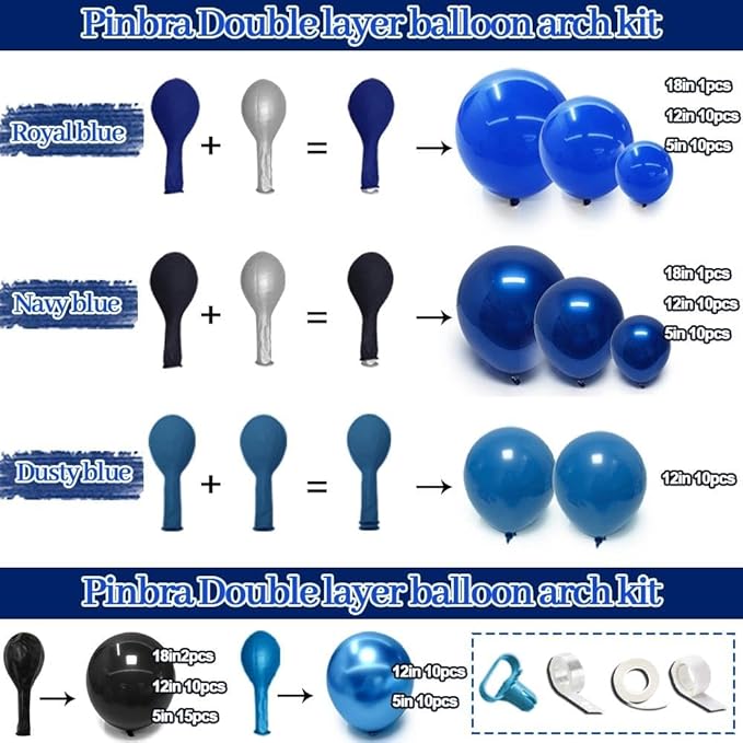 Blue Black Balloon Garland, Double Stuffed Dark Royal Navy Blue Balloons Fringe Curtains, Foil Balloons, Birthday Banner Decorations for Men Birthday Baby Shower Father's Day Graduation Party Supplies