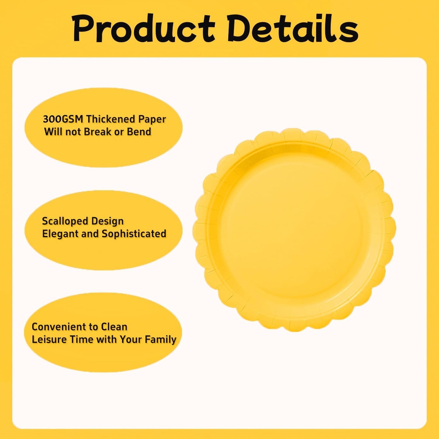 BEFORYOU 50PCS Scalloped Disposable Paper Plates Dessert Cake Party Plates for Baby Shower, Wedding,Bridal Shower Birthday Party Supplies (Yellow, 7IN)