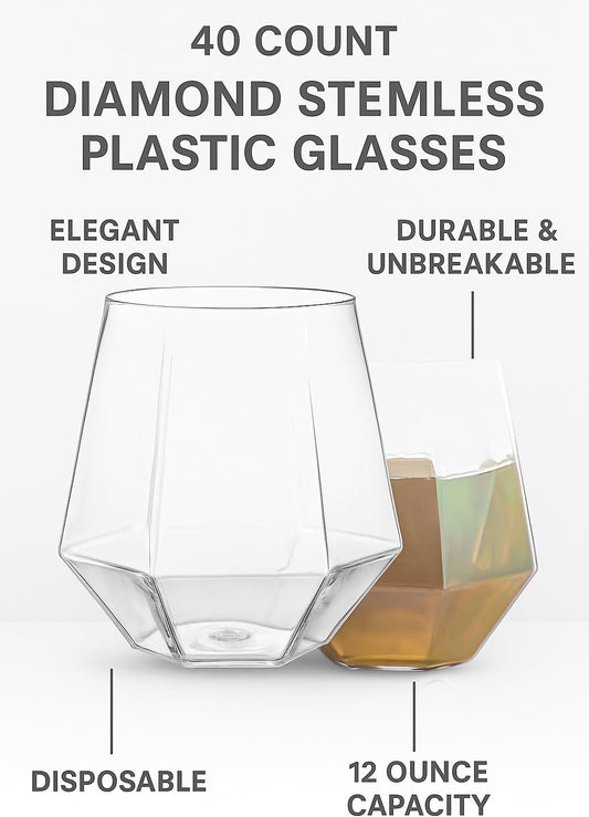 40 count Diamond Unbreakable Stemless Plastic Wine Champagne Whiskey Glasses Elegant Durable Disposable Indoor Outdoor Ideal for Home, Office, Bars, Wedding, 12 Ounce Cups (Clear)