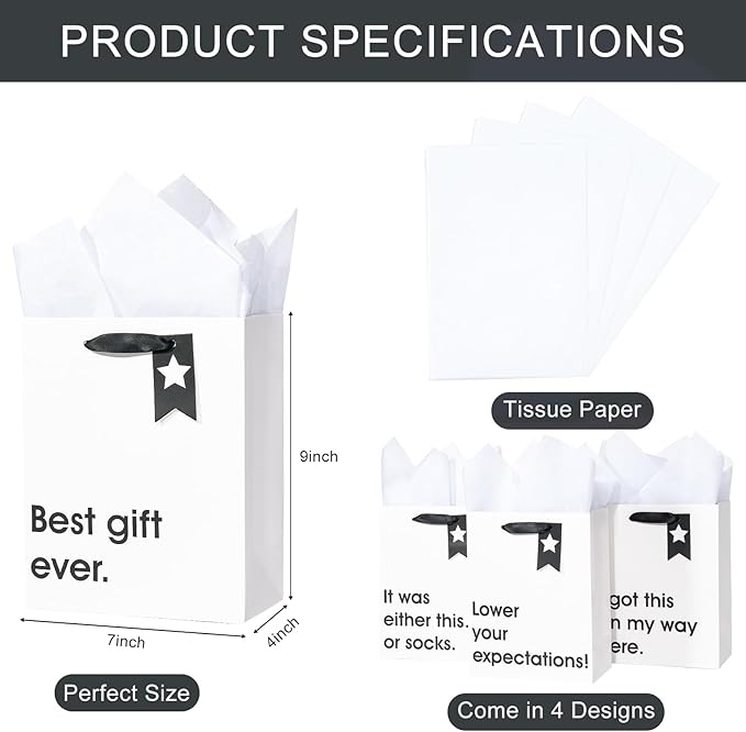 Loveinside Christmas Medium Size Gift Bags Set, Funny Quirky Design with Bold Black Text Pattern with Tissue Paper Perfect for Shopping, Parties, Birthday, Holiday, 4 Pack, 7" X 4" X 9"