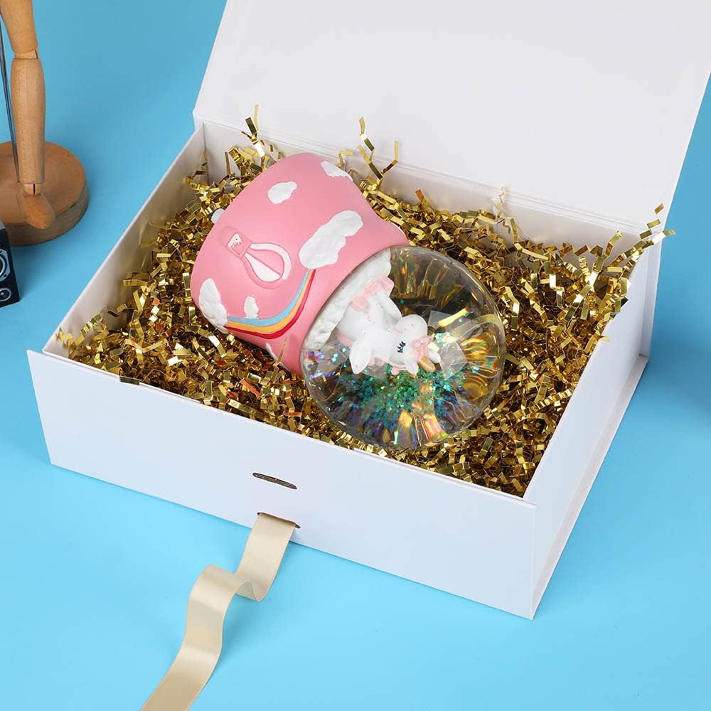 White Gift Box 10x7.3x3.5 Inches, Decorative Box with Ribbon, Empty Gift Box with Lid Magnetic Closure, Groomsman Box, Rectangle Collapsible Gift Boxes for Shirt (Glossy White)