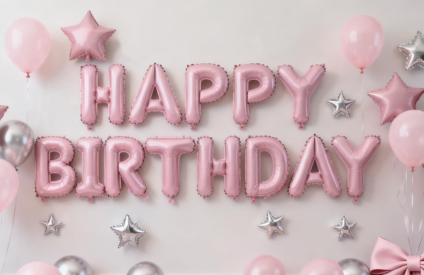 Pink Happy Birthday Banner Balloon Aluminum Foil 16 Inch Letter,Bright Pink 10 Inch Five Pointed Star Four Pointed Star Suitable for Kids, Men, Women, Boys and Girls Party Decoration Supplies