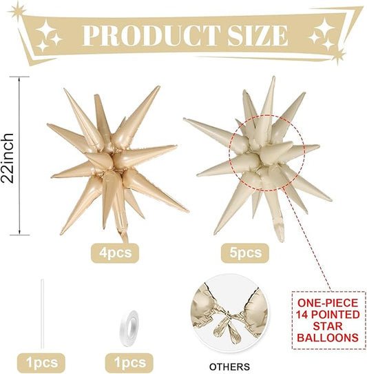 Cream White Beige Star Balloons,9Pcs 22Inch Caramel Sand White Explosion Spike Cone Helium Polyester Film Star Balloon for Birthday Anniversary Baby Shower Disco Party Decorations