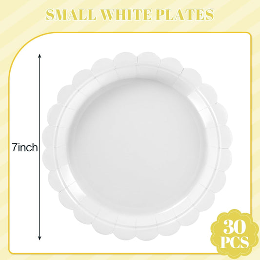 30 Pcs Dessert Plates Disposable, 7 Inch Scalloped White Plates Small Cake Birthday Plate for Wedding, Birthday, Bridal Shower