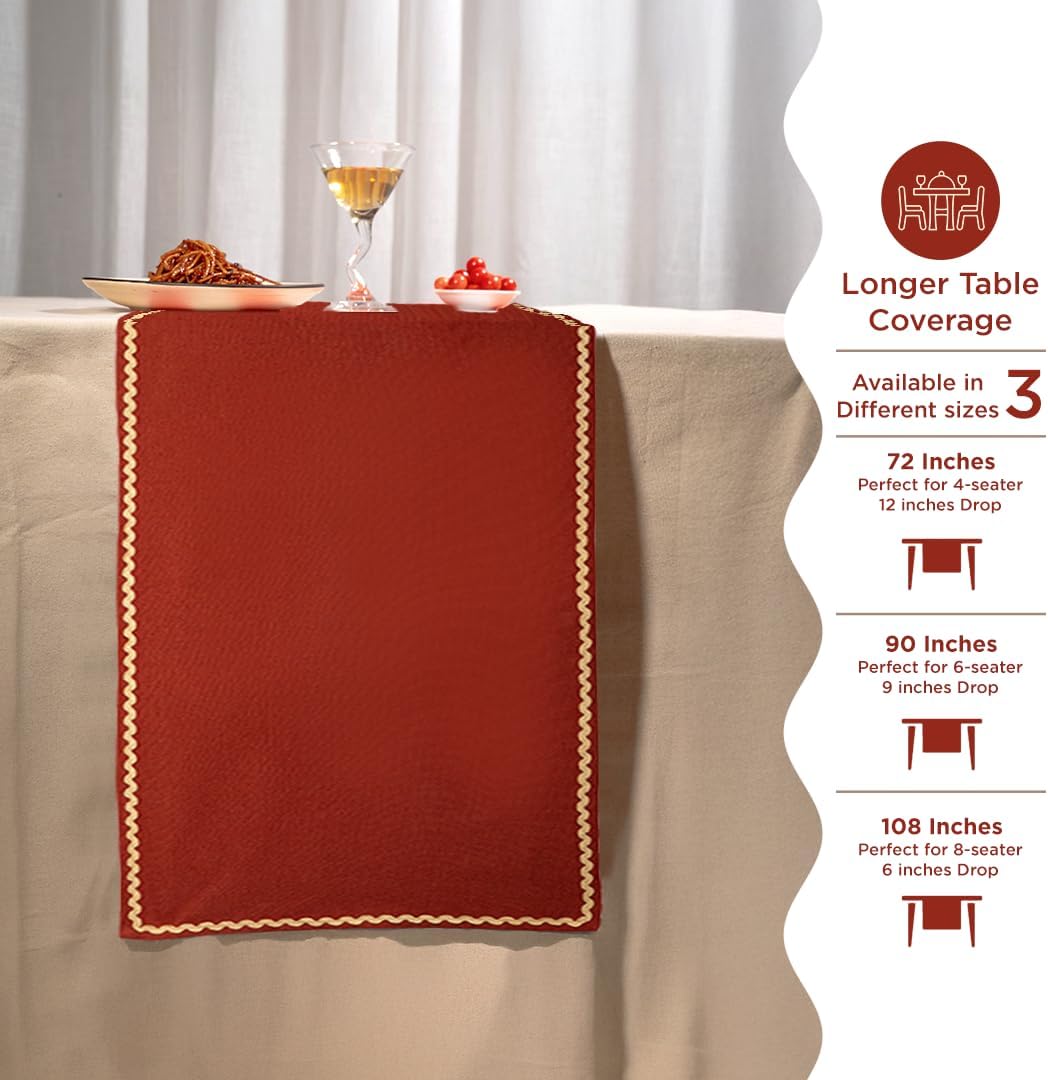 Folkulture Table Runner 72 Inches Long | Rick Rack Embroidered Runner for Home Decor | 100% Cotton Long Table-Runner for Christmas Decor | Burnt Orange & Beige | Wash Friendly