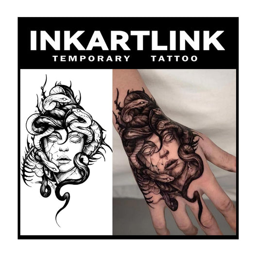 INKARTLINK Tattoo Tech, 2 Sheets Extra Large Semi Permanent Tattoo, Adult Art Design Temporary Tattoos, Lasts 1-2 Weeks, Waterproof, Realistic Look, No Adhesive, No Reflection (Medusa)