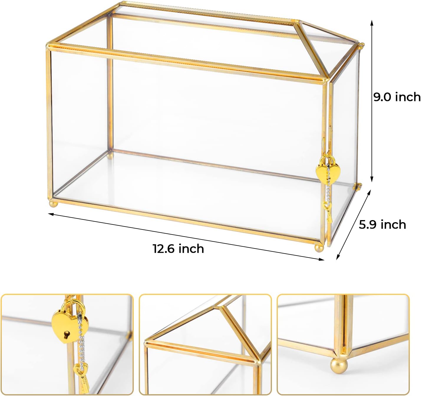 Glass Wedding Card Box with Lock, 12.6x5.9x9 inches Large Gold Card Boxes for Wedding Reception, Keepsake Display, Graduation, Party Centerpiece Decorative Box