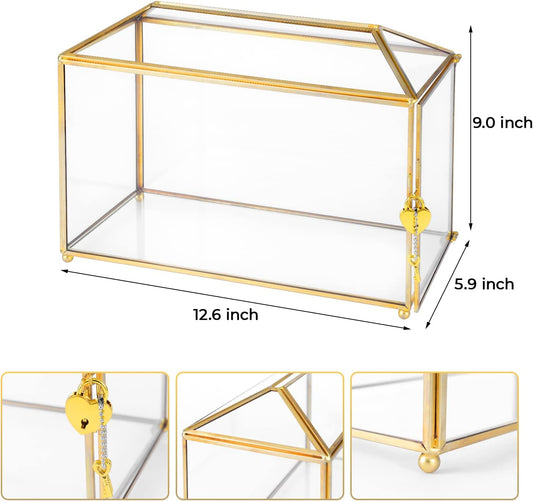 Glass Wedding Card Box with Lock, 12.6x5.9x9 inches Large Gold Card Boxes for Wedding Reception, Keepsake Display, Graduation, Party Centerpiece Decorative Box