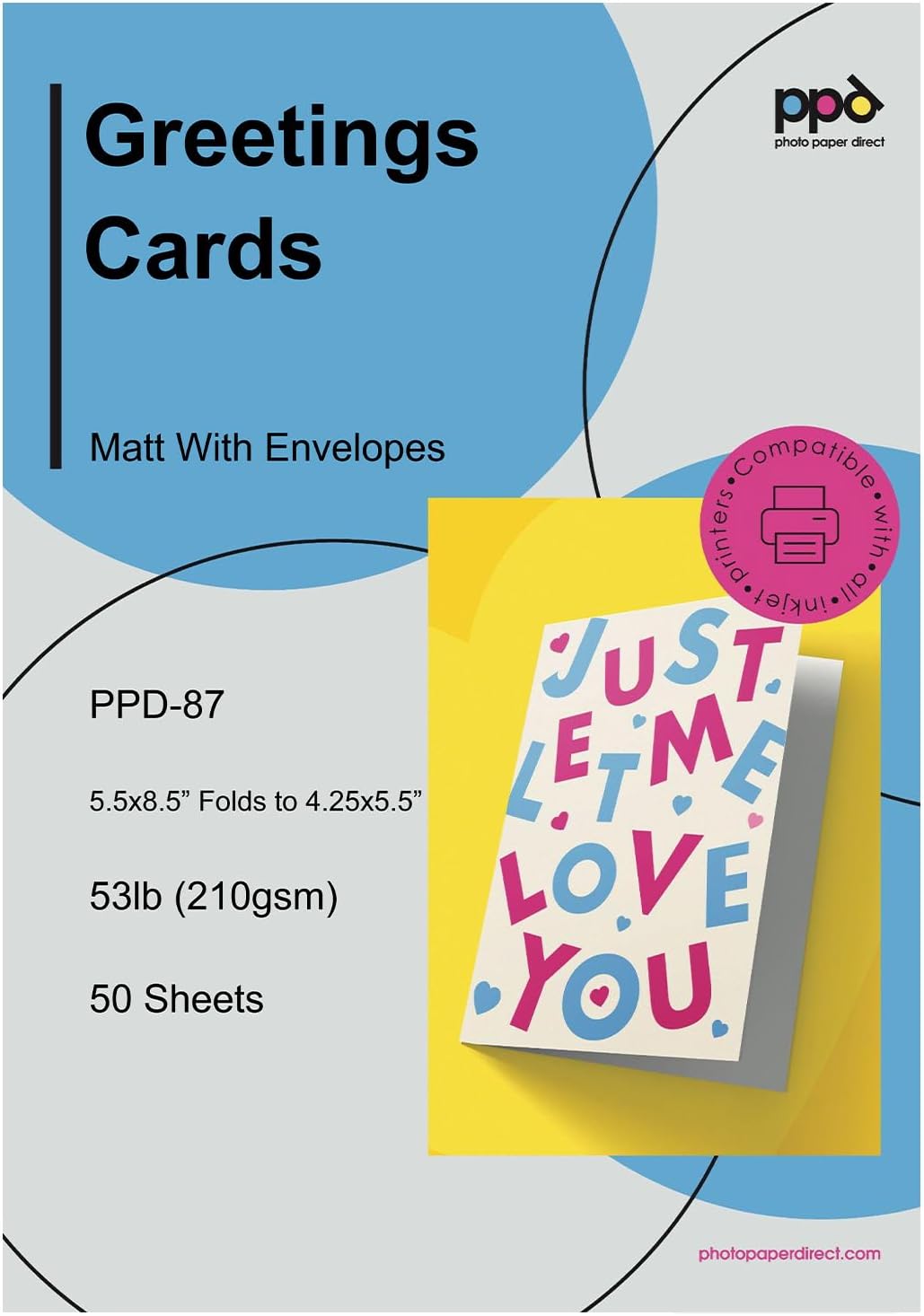 PPD Greeting Card Paper, Printable Greeting Cards With Envelopes for Inkjet Printer, 5.5 x 8.5 Blank Half Fold to 4.25 x 5.5 Custom Cards for Birthday, Wedding, Invitations, Thank You Note (50 Sheets)