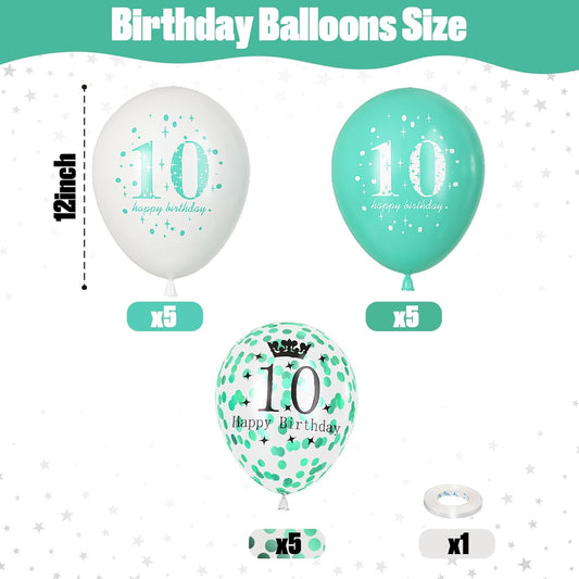 10th Birthday Decorations Girl, Teal White Happy 10th Birthday Latex Print Balloons for Boys, Turquoise White Confetti 10th Bday Party Decorations for Kids Age 10 Years Old Birthday Party Supplies