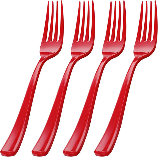 WDF 100 Red Christmas Forks - 7.4inch Heavy Duty Disposable Plastic Cutlery for Dessert Cake, Christmas or Daily Use