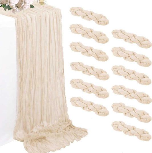 12 Pack Beige Cheesecloth Table Runners 35 x 120 Inch – Rustic Boho Gauze Table Runner for Wedding Arch, Party Decoration, Bridal Shower, Reception, Farmhouse Dining Decor