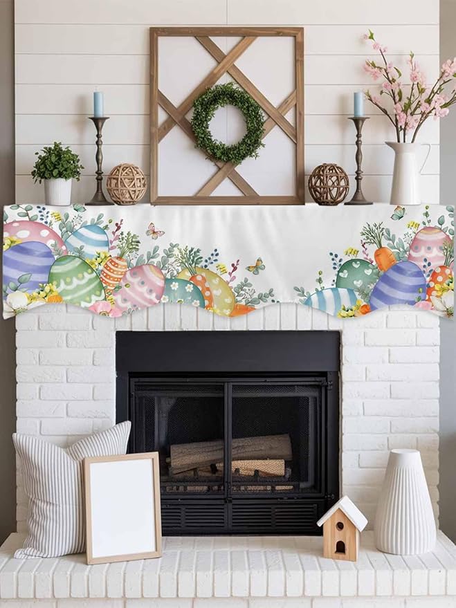 Easter Eggs Fireplace Mantel Scarf Table Runner, Spring Botanical Eucalyptus Floral Butterfly Winter Garland Mantel Top Tablerunners Dresser Scarves Cover for Windows Party Living Room 60''x17''