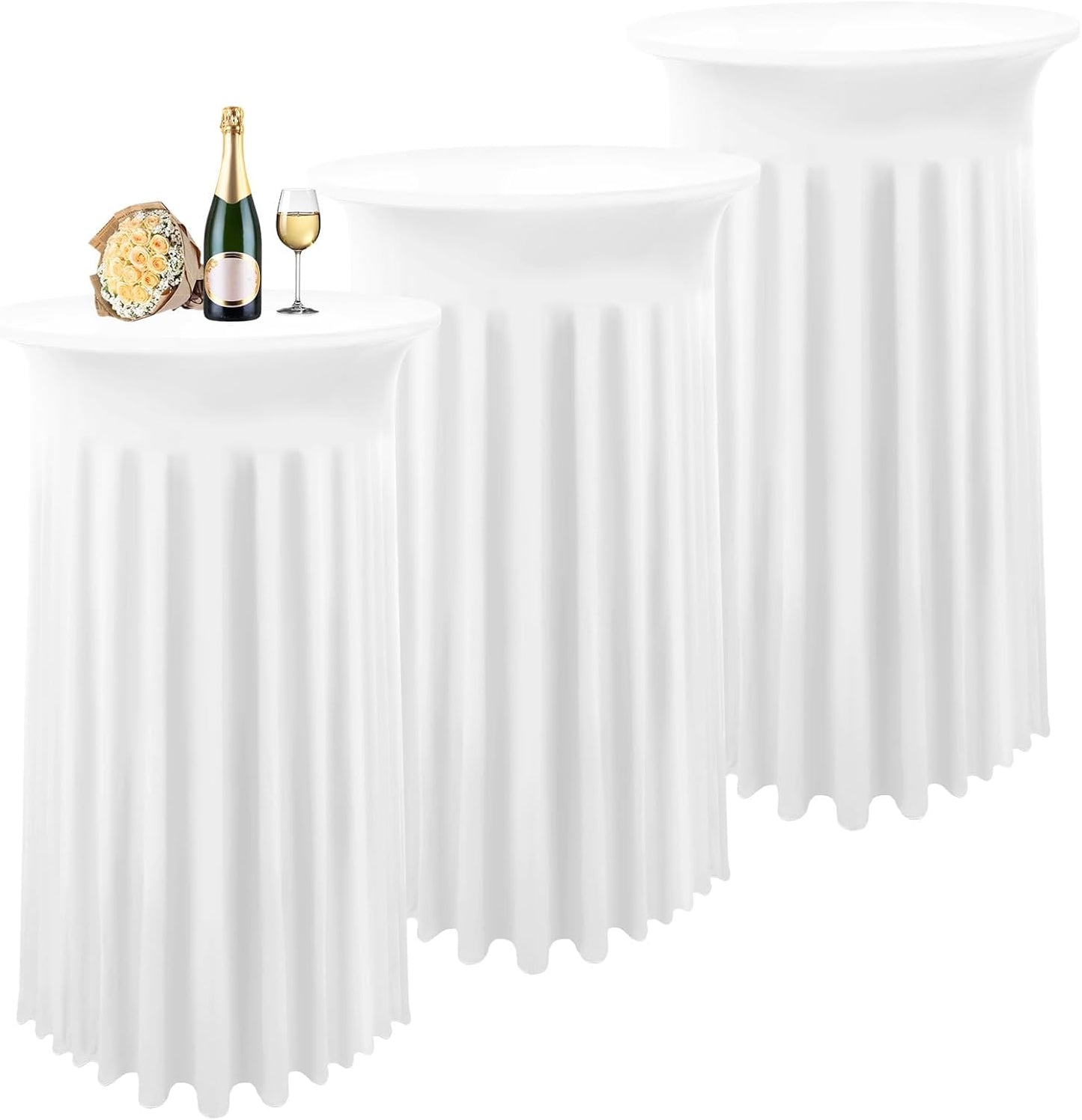 3 Packs Cocktail Table Covers Spandex Stretch White Round Tablecloth with Skirt, 32"x 43" Upgraded Model Cocktail Table Skirt Fitted High Top Stretch Table Dress for Party Wedding Banquet Table