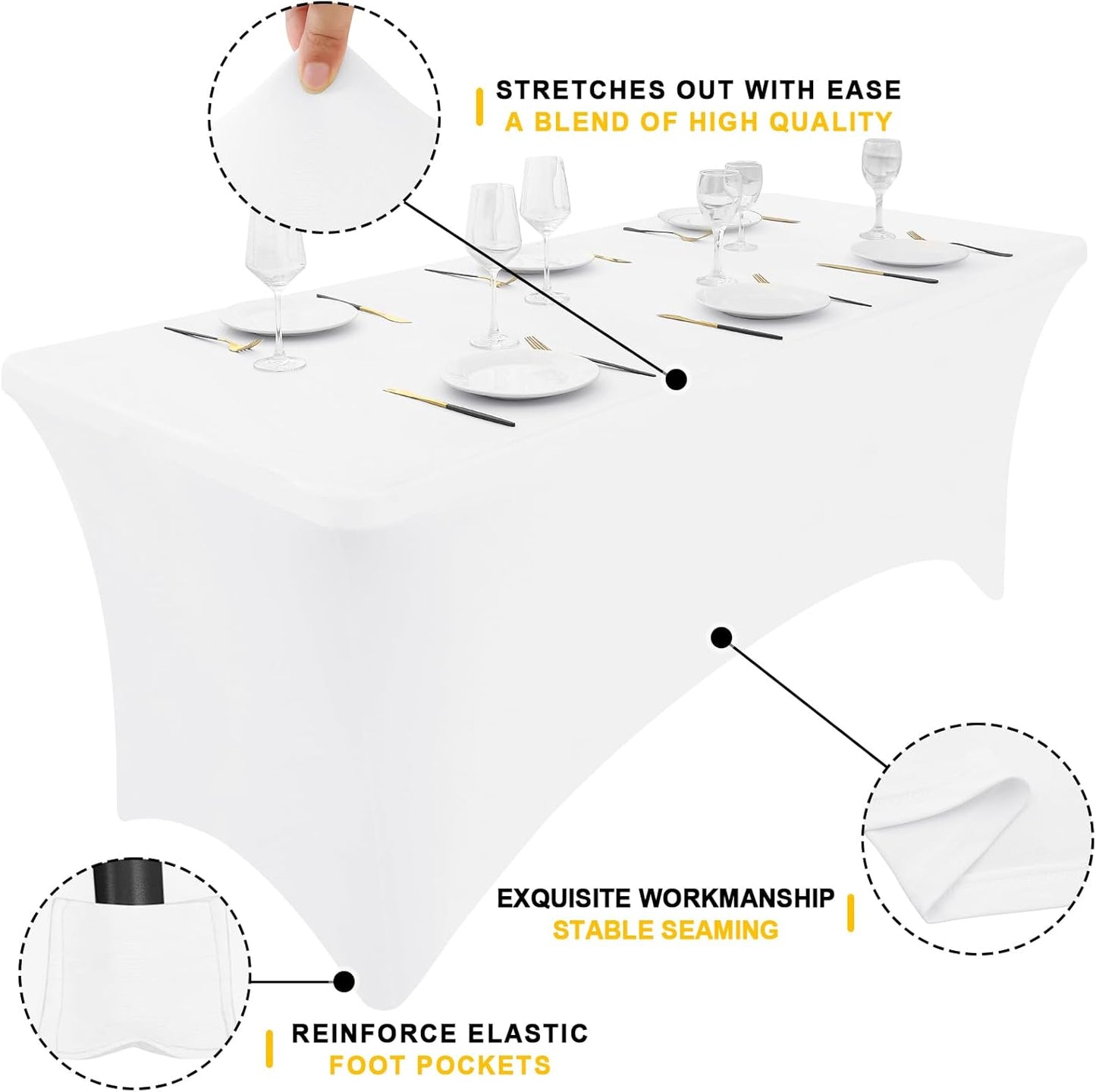 Smiry 2 Pack Spandex Table Cloth 8FT, Elastic Fitted Stretch Tablecloths, Washable and Wrinkle Free Rectangular Patio Table Cover for Outdoor, Wedding, Banquet & Parties (White, 96Lx30Wx30H Inch)
