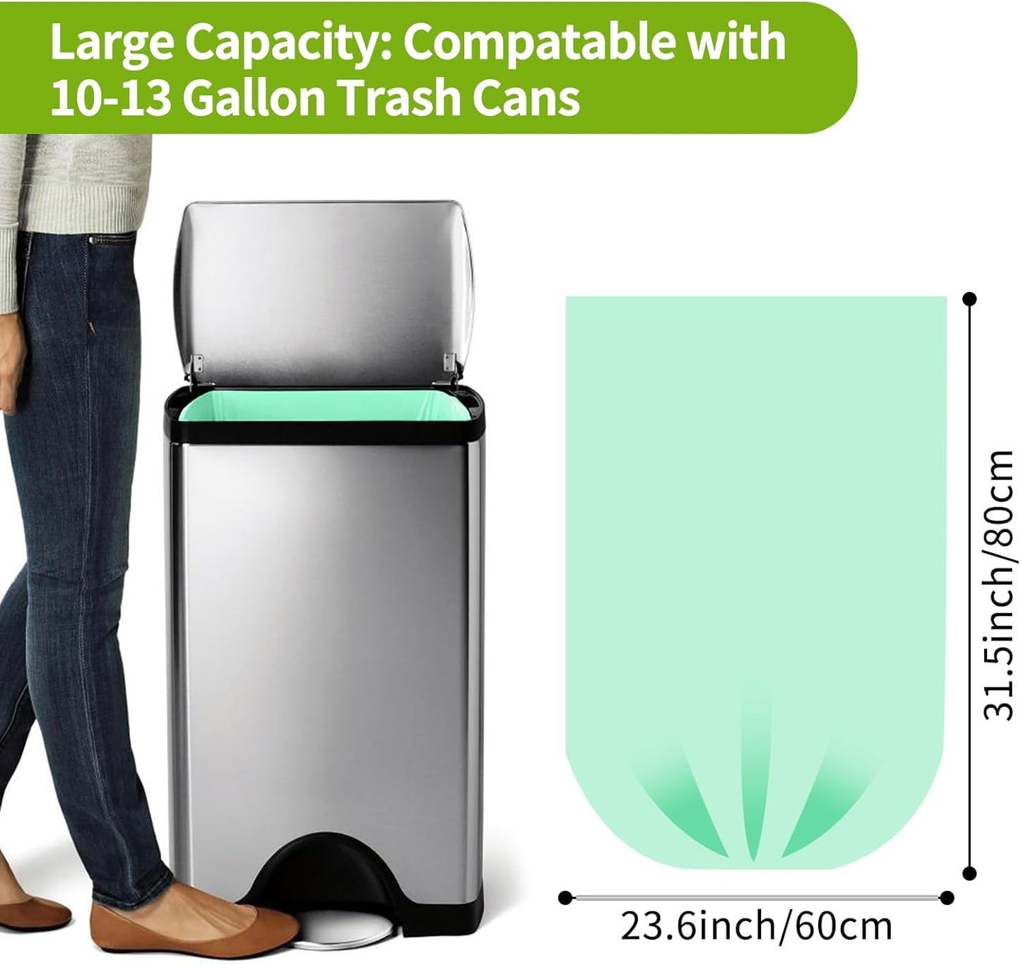 Kitchen Trash Bags 13 Gallon: Biodegradable Tall Kitchen Garbage Bags Strong Unscented Recycling Bags for Home/Office (Green, 80 Counts)