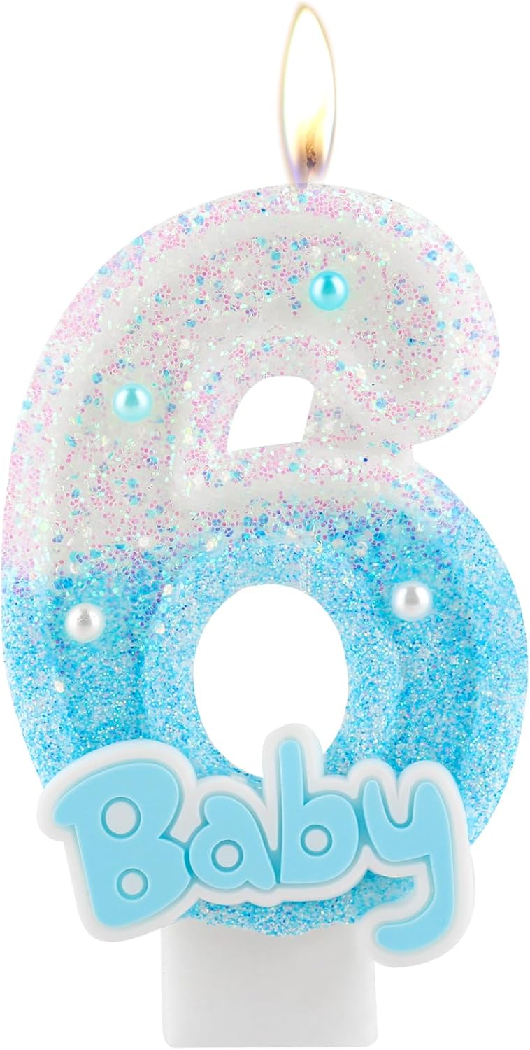 Blue Baby Birthday Number Candles, Birthday Candles for Cake, Glitter Number 6 Candle Cake Topper with Sequins for Baby Boys Girls, Baby Baptism Birthday Party Cake Decorations