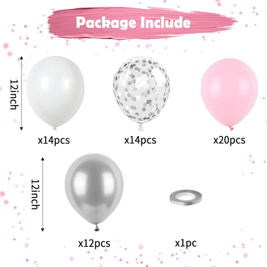 Pink and Silver Balloons, Pastel Pink White Balloon Metallic Silver White Macaron Balloon Party Confetti Balloons for Girls Kids Birthday Bride Wedding Baby Shower Graduation