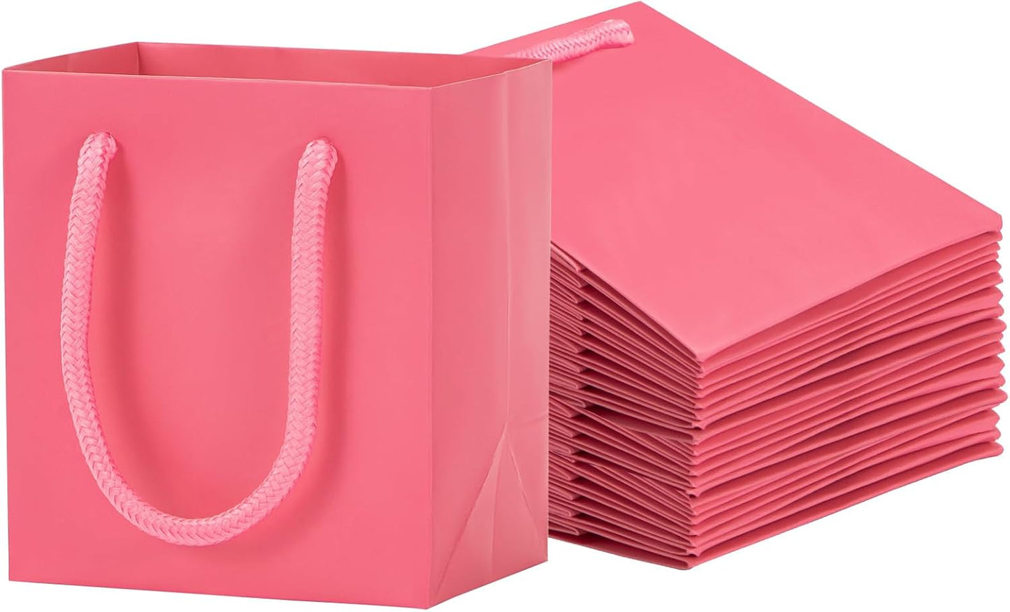 driew Small Pink Gift Bags 50 Pcs, 4" x 2.8" x 4.5" Min Thick Kraft Paper Bags Bulk with Pink Handles Set for Wedding Party Birthday Gathering Baby Shower
