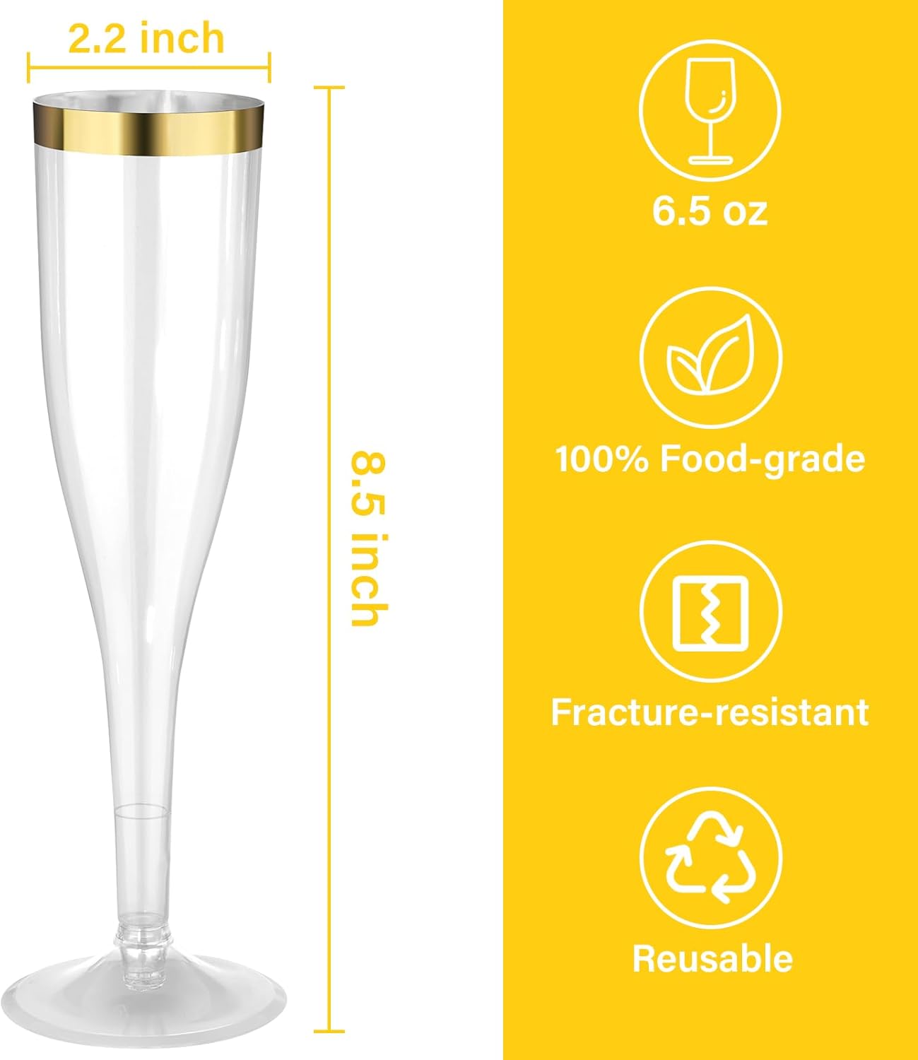 Goodluck 36 Pack 6.5 oz Plastic Clear Champagne Flutes with Gold Rim, Disposable Champagne Toasting Glasses for Wedding, Engagement, Party, Mimosa Bar