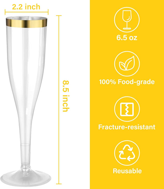 Goodluck 36 Pack 6.5 oz Plastic Clear Champagne Flutes with Gold Rim, Disposable Champagne Toasting Glasses for Wedding, Engagement, Party, Mimosa Bar