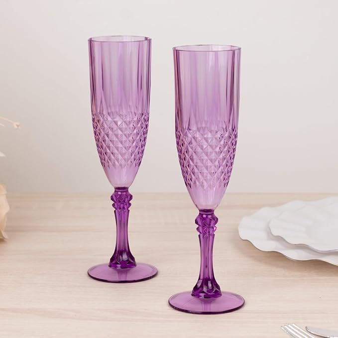 Efavormart 6-Pack Champagne Glasses, 8oz Shatterproof Plastic Crystal Cut Toast Flutes, Purple for Party Celebration Wedding