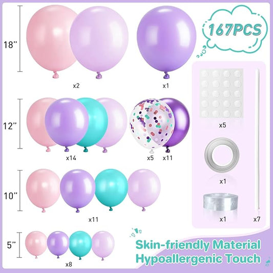 Mermaid Balloon Garland Arch Kit, 167Pcs Cotton Candy Pink Lavender Lilac Metallic Purple Teal Blue Latex Balloons for Women Girl Birthday Baby Shower Ocean Themed Party Decorations