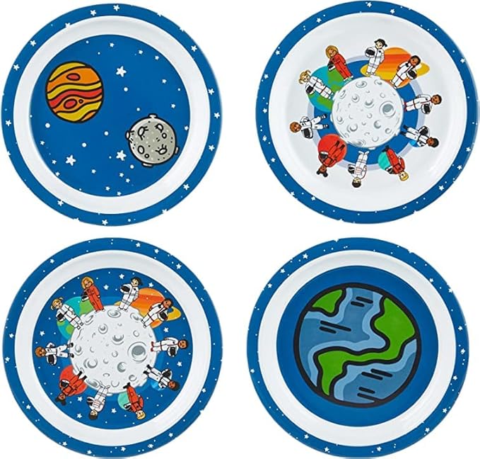 4 Piece Space Melamine Kids Plates, 4 Different Designs, Lightweight & Shatterproof Toddler Feeding Set, Children Safe Kitchen Set, Fun Mealtime, LIttle Kid Dinner Plates