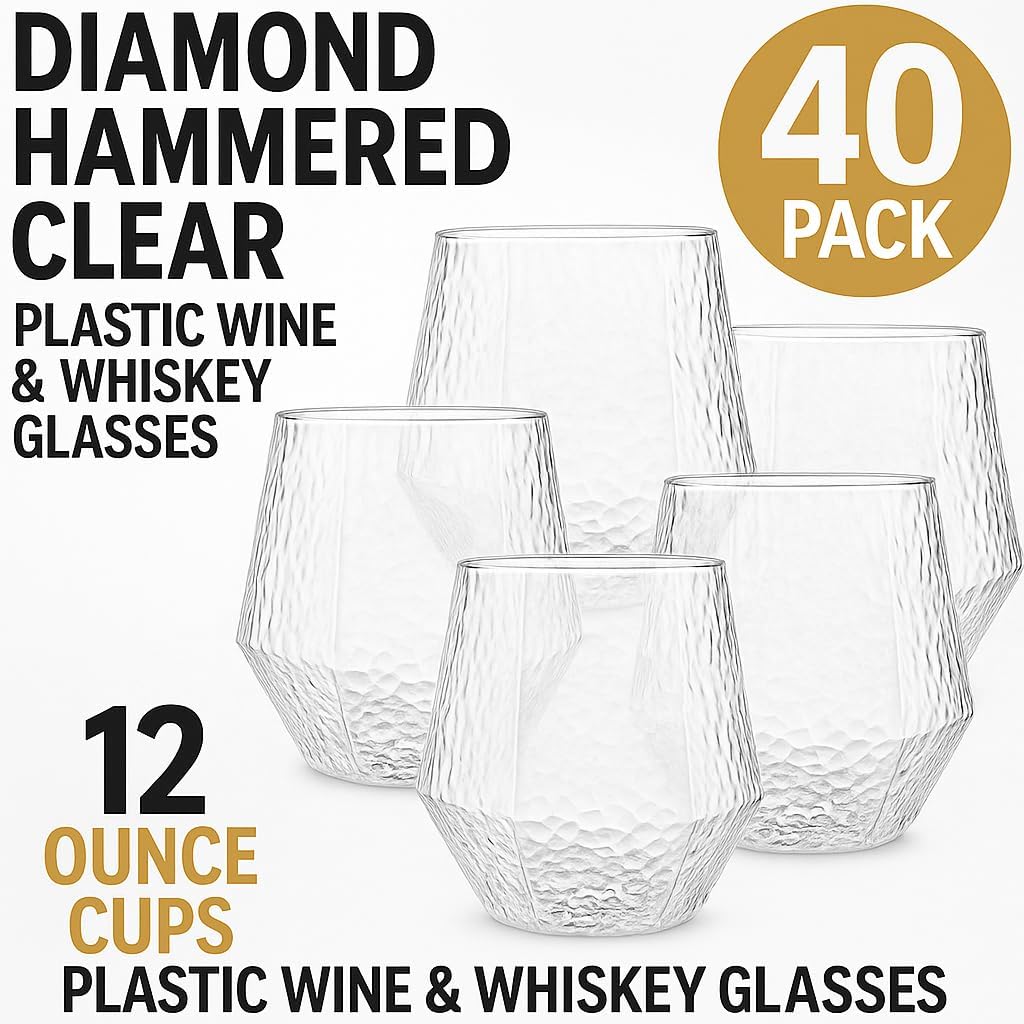 Oojami 40 count Diamond Unbreakable Stemless Plastic Wine Champagne Whiskey Glasses Elegant Durable Disposable Indoor Outdoor Ideal for Home, Office, Bars, Wedding, 12 Ounce Cups (Hammered Clear)
