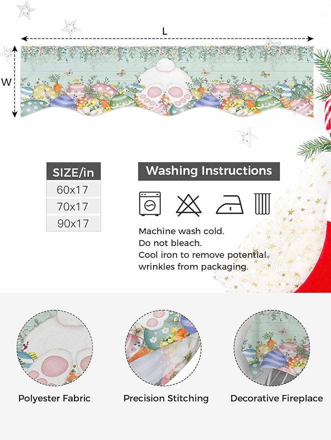Cute Easter Bunny Fireplace Mantel Scarf Table Runner, Eucalyptus Leaves Colorful Eggs Teal Wooden Winter Garland Mantel Top Tablerunners Dresser Scarves Cover for Windows Party Living Room 70''x17''
