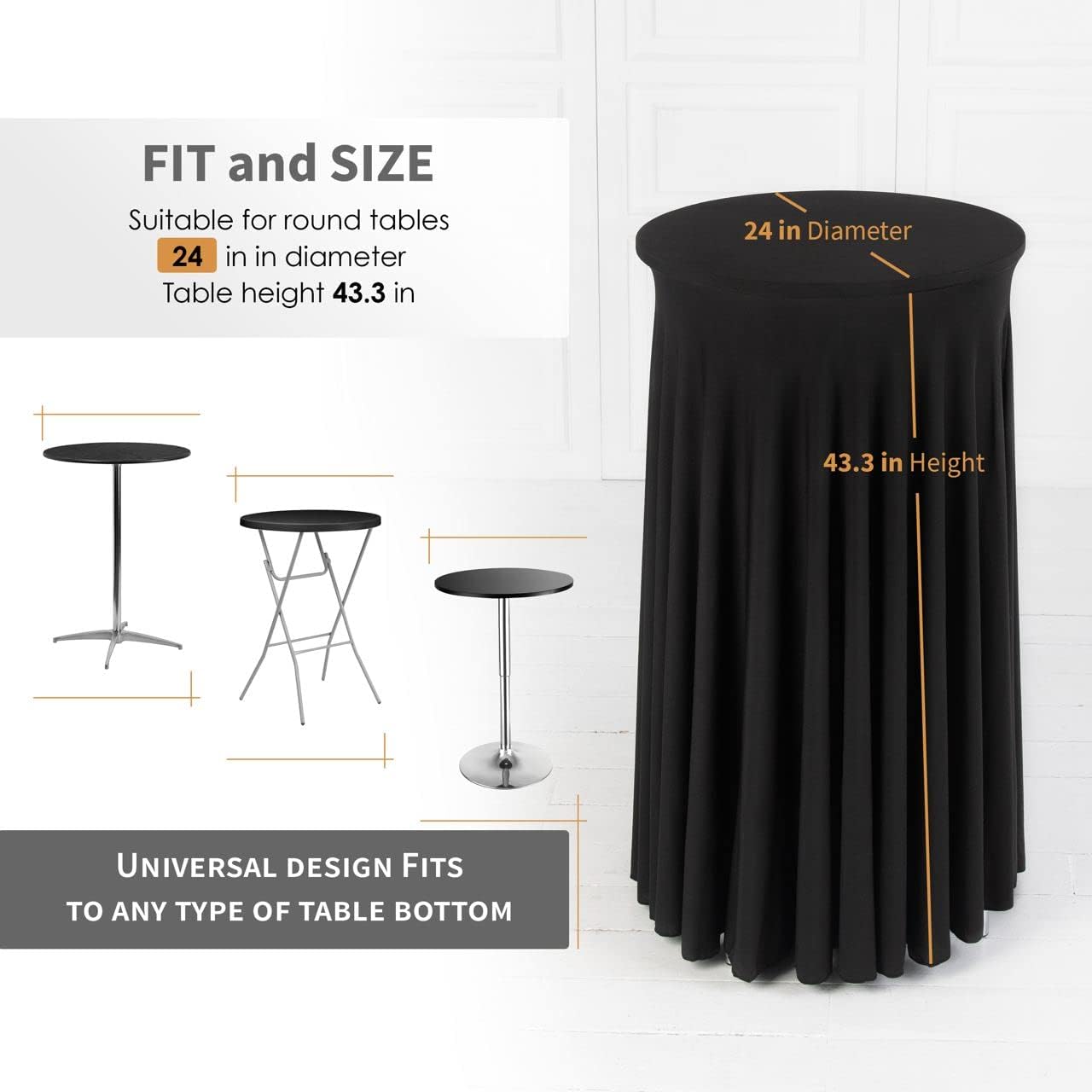 Your Magic Moment Black Round Tablecloth Set of 6, 23.6 Inch Diameter x 43.3 Inch Height, Polyester/Spandex, Fitted, Elegant Wavy, Cocktail Party
