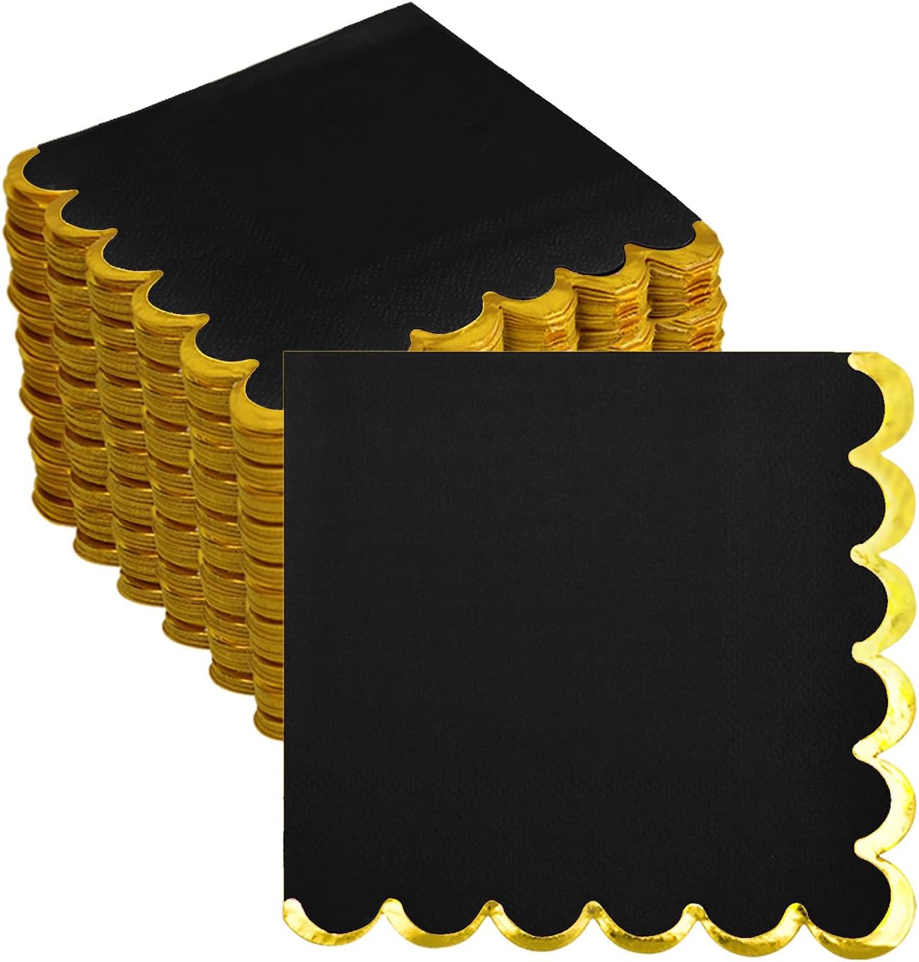 200 Pack Black Paper Napkins - Gold Foil Scalloped Cocktail Napkins for Themed Party Supplies, Birthday, Baby Shower, Wedding
