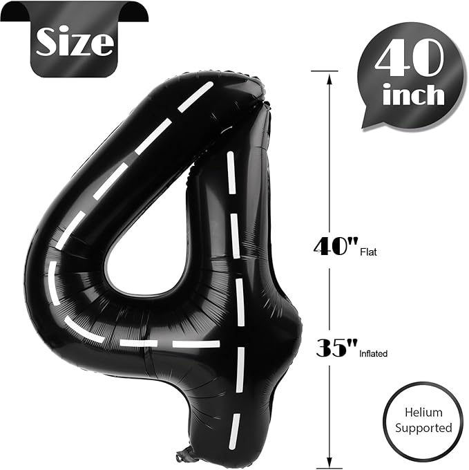 Race Car 4 Balloon, Number Balloons 40 Inch, 4th Black Party Decorations, Racecar Birthday Decorations Four Large Numbers for Party Decor, Number 4 Balloon