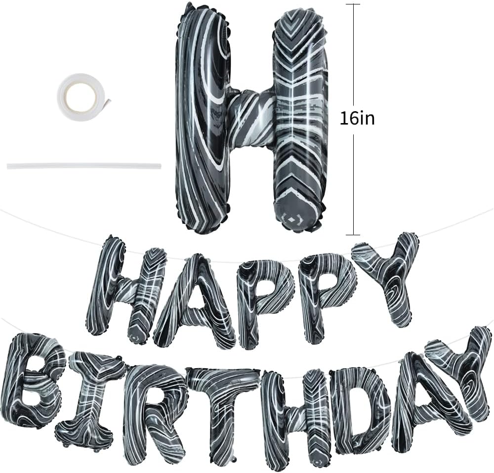 TONIFUL Black Marble Happy Birthday Balloons Banner,16 Inch Mylar Foil Letters Birthday Sign Bunting for Girls Boys Kids & Adults Birthday Decorations and Party Supplies