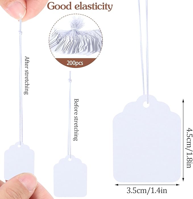 200 Pcs Price Tags with Elastic String, Gift Tags Writable Blank Jewelry Tag for Clothes Jewelry Pricing Gift (1.38×1.8Inch,White)