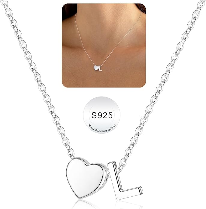 Turandoss Valentines Gifts for Her Kids Girls, Dainty S925 Sterling Silver Tiny Heart Letter A-Z Pendent Necklace Trendy Birthday Valentines Jewelry Gifts for Girls Women