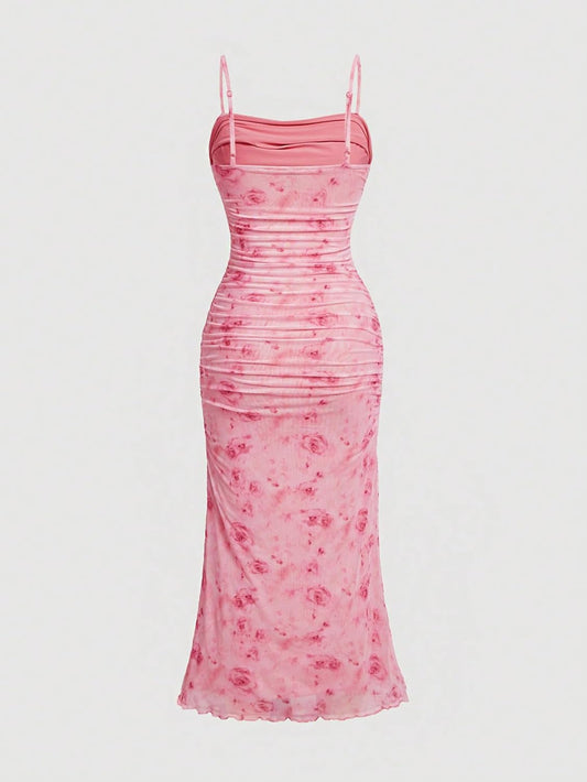 GORGLITTER Women's Floral Ruched Bodycon Midi Dress Mesh Sleeveless Fishtail Cami Dresses