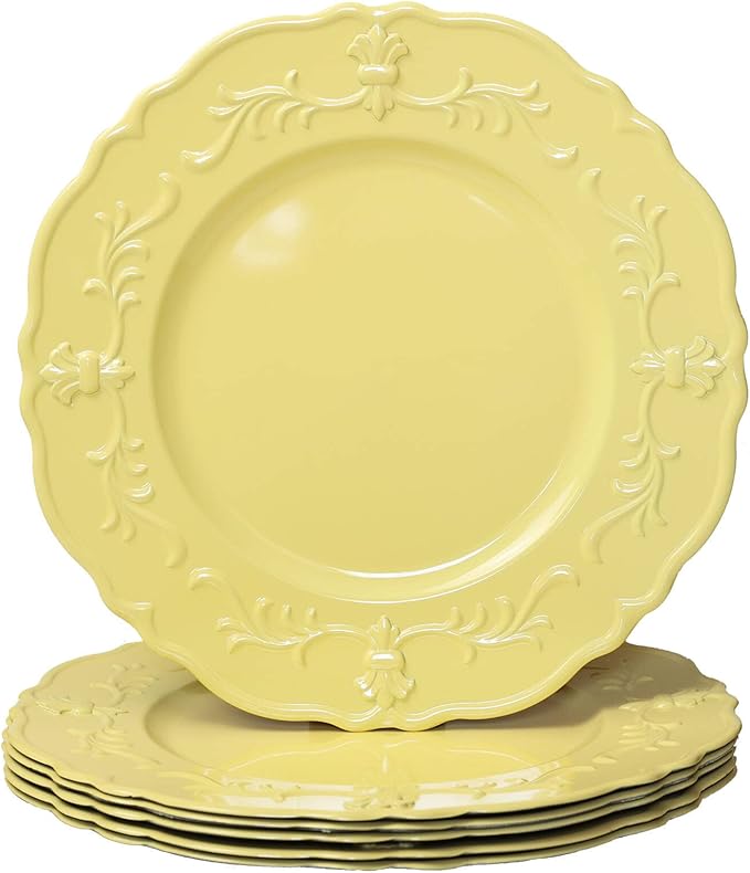 Spsyrine Light Yellow Charger Plate, 13" Embossed Plastic Table Plate Chargers for Dinner, Set of 6 Elegant Decorations for Wedding, Dining, Party Events.