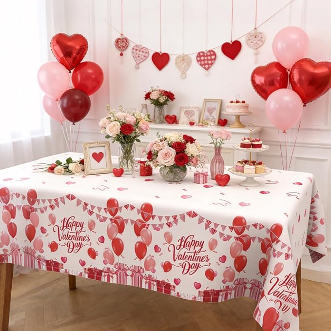 2 PCS Valentine Tablecloth(54x108 Inch) Plastic Valentines Day Table Cover Cloth Tablecloths for Valentines Party Favors Supplies Decorations Galentines Home Kitchen Desk Decor Backdrop Photo Props