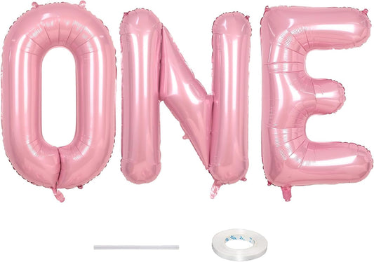 40 Inch Pastel Pink ONE Balloon for 1st Birthday - Light Pink Letters With Ribbon - Baby Pearl Alphabet for Girls First Birthday, 1 Year Old Baby Shower Party Decorations