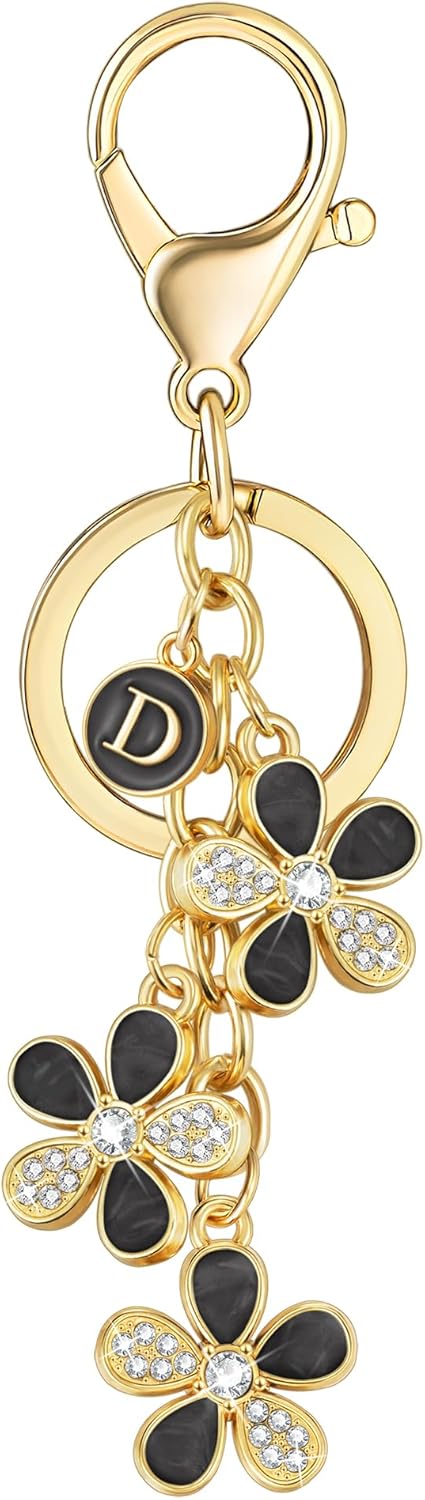 XGALBLA Cute Flower Crystals Rhinestone Initial Letter Keychain for Women, Bag Charms Bling Sparkly Enameled Keychain Handbag