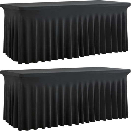 2 Pack Black Spandex Tablecloth for 5 Foot Rectangle Tables, Wrinkle Free Fitted Table Clothes Cover 5ft Stretchy Tablecloths with Skirt for Parties Weddings Birthday Banquet Baby Shower